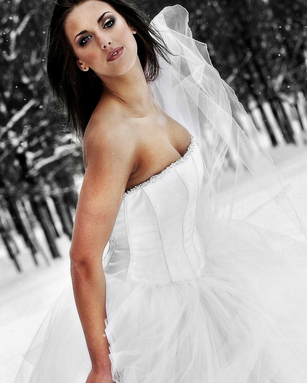 Portrait de mariée en robe blanche dans un décor hivernal