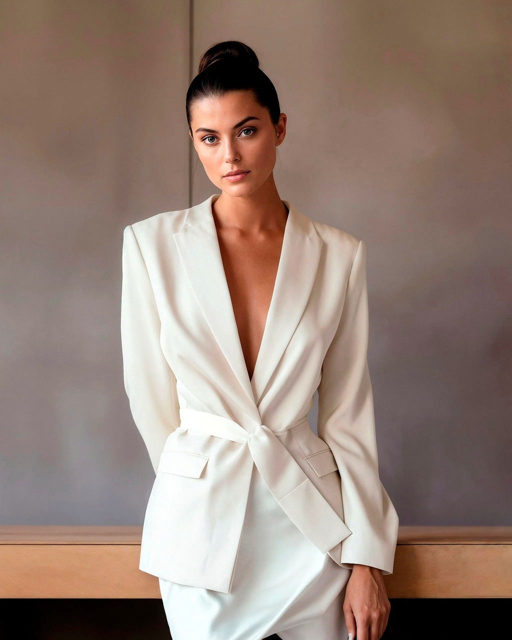 Portrait corporate élégant de femme en tailleur blanc